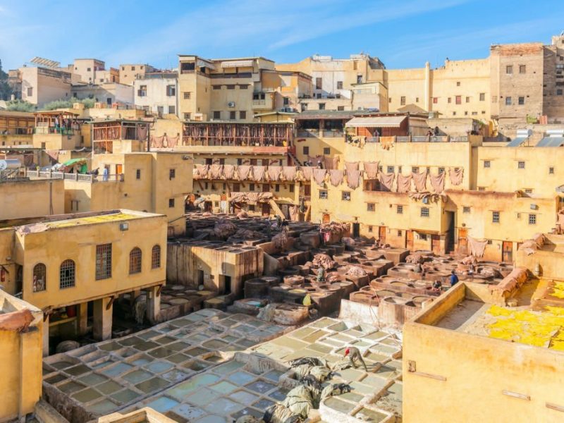 Leather dying in a traditional tannery in the city Fes, Morocco. View of old medina in Fes