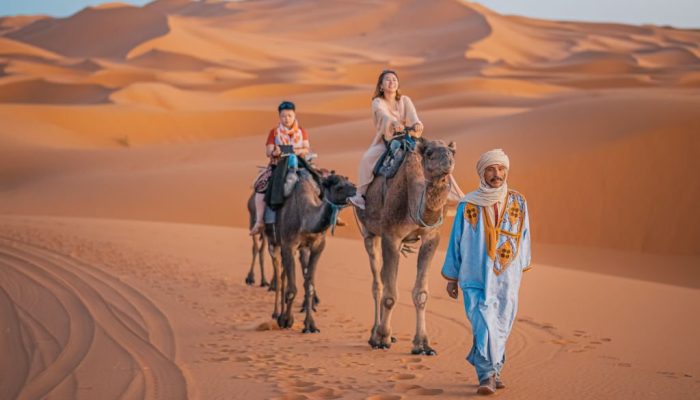 Asian Chinese Female Tourist Camel caravan going through the Sahara desert in Morocco at sunset lead by camel driver